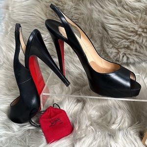 Christian Louboutin N Prive 120 Black Leather Cuoio Slingback Platform Pump Heel